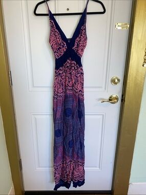 Women's Pink & Blue Patterned Maxi Dress